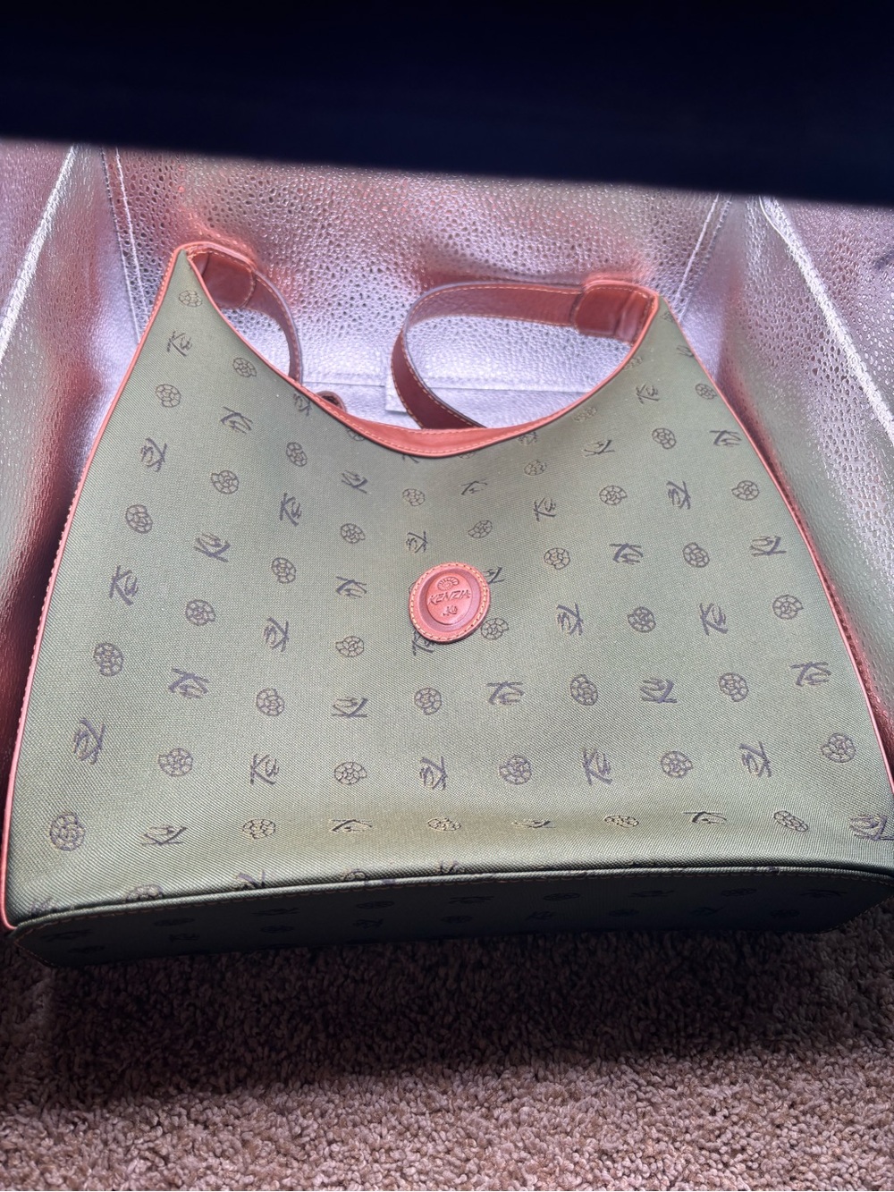 Olive Green Patterned Shoulder Bag with brown Trim